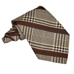 Vintage 70s Brittania Mens Necktie Geometric Plaid Check Stripe Tie Brown Black